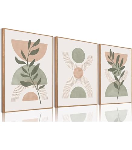 Sage Green Boho Wall Art Set Of 3 – Geometric Line Leaf Sun Moon Paintings In Solid Wood Frames - View #6