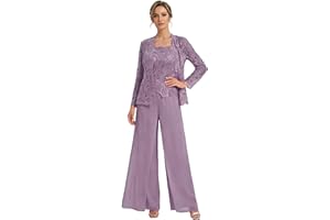 3 Pieces Mother of The Bride Trouser Suits Women Chiffon Pantsuit with Lace Jacket Evening Jumpsuits for Wedding