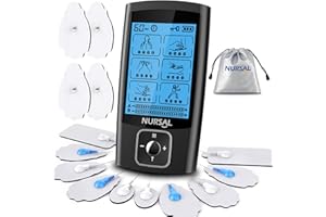 NURSAL Dual Channel EMS TENS Unit 24 Modes Muscle Stimulator for Pain Relief & Muscle Strength with 14 Pads, Rechargeable TENS Machine Pulse Massager with Storage Pouch/Pads Holder/Lanyard/Cable Ties