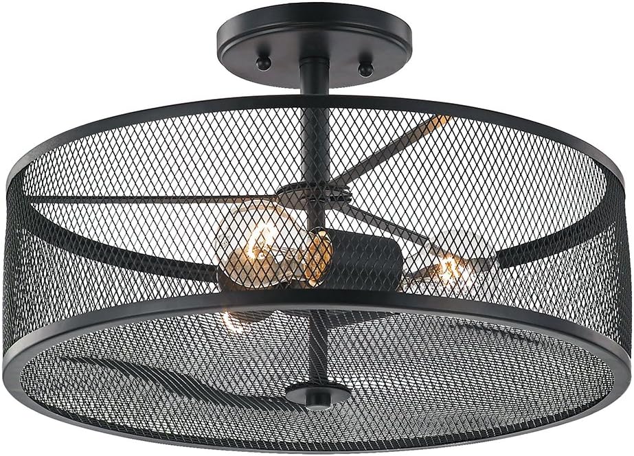 Industrial Black Metal Ceiling Light Fixture with Wire Mesh Shade by