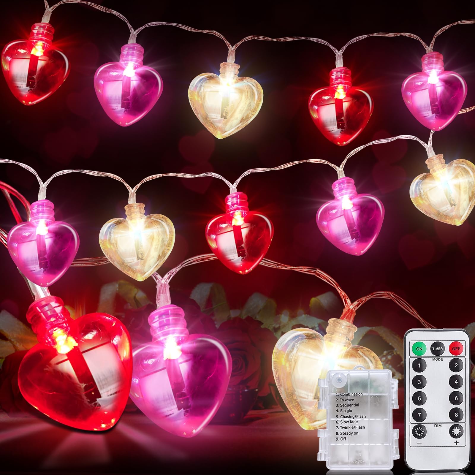 Photo 1 of 2 Pack Valentines Day Decorations Total 16.4FT 40 LED Red Pink White Heart String Lights Timer 8 Modes Remote Control, Valentine's Day Lights Battery Operated Valentines Decor for Home Indoor Wedding