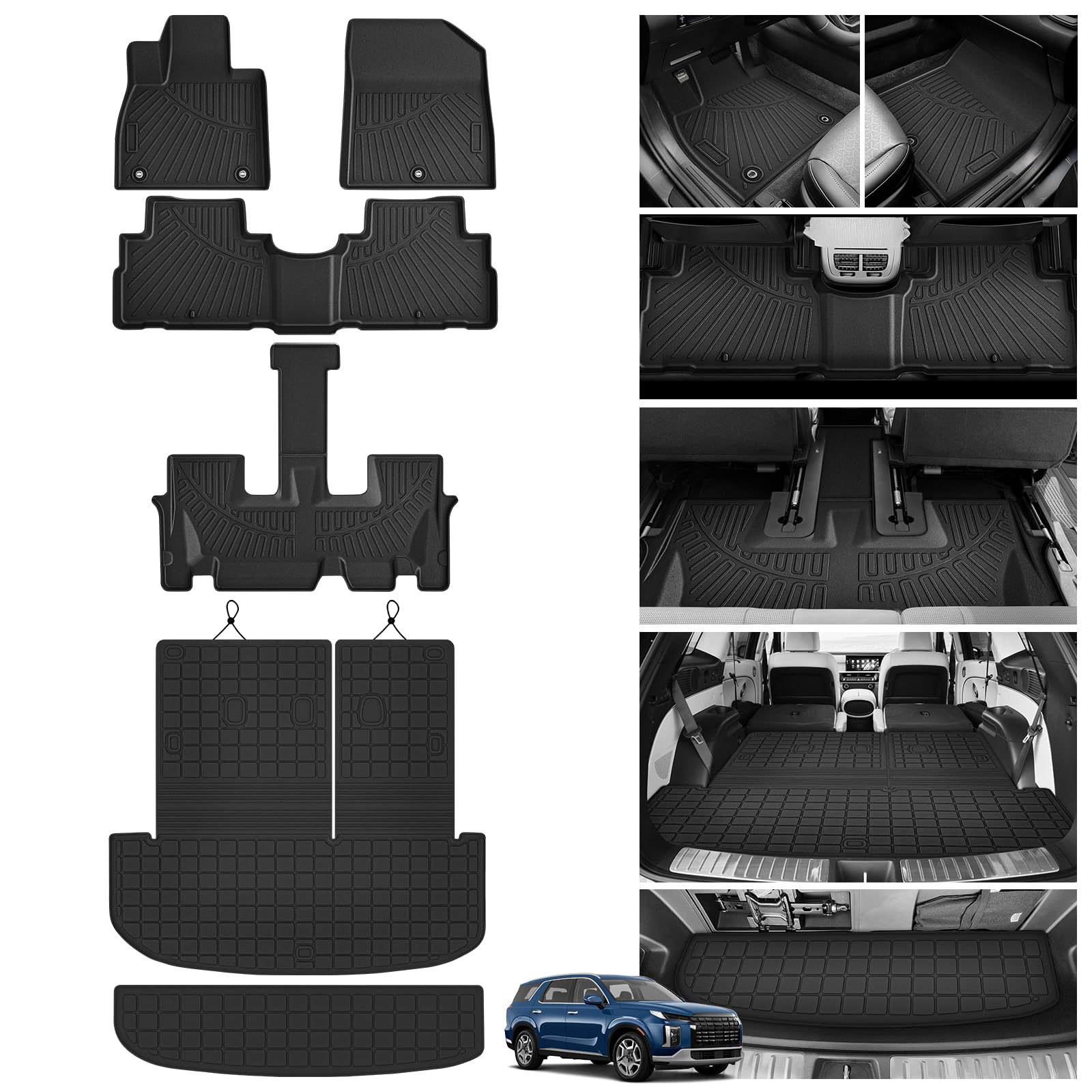 Powerty Floor Mats for 2020-2024 2025 Hyundai Palisade 7/8 Seat Car Mats, All Weather TPE Cargo Liner Backrest Mats Trunk Lower Car Mat Interior Protector Full Set for Palisade Accessories Image