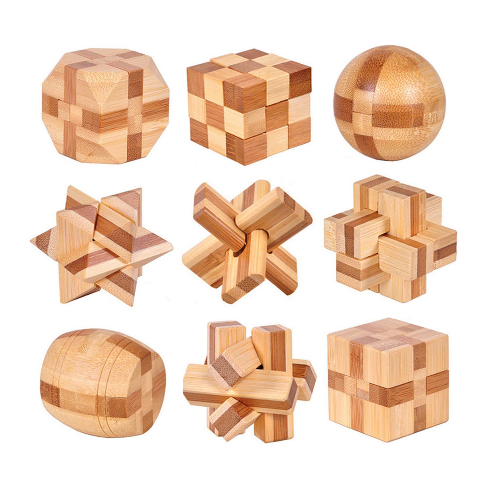 Holzsammlung Set of 9 3D Wooden Brain Teaser Puzzles, IQ Challenge Puzzle Games, Small Logic Mind Puzzle Box Toy Removing Assembling Lock Puzzle Gift Set for Adults Teenagers Kids, 1.8inch 4.5cm — image 1