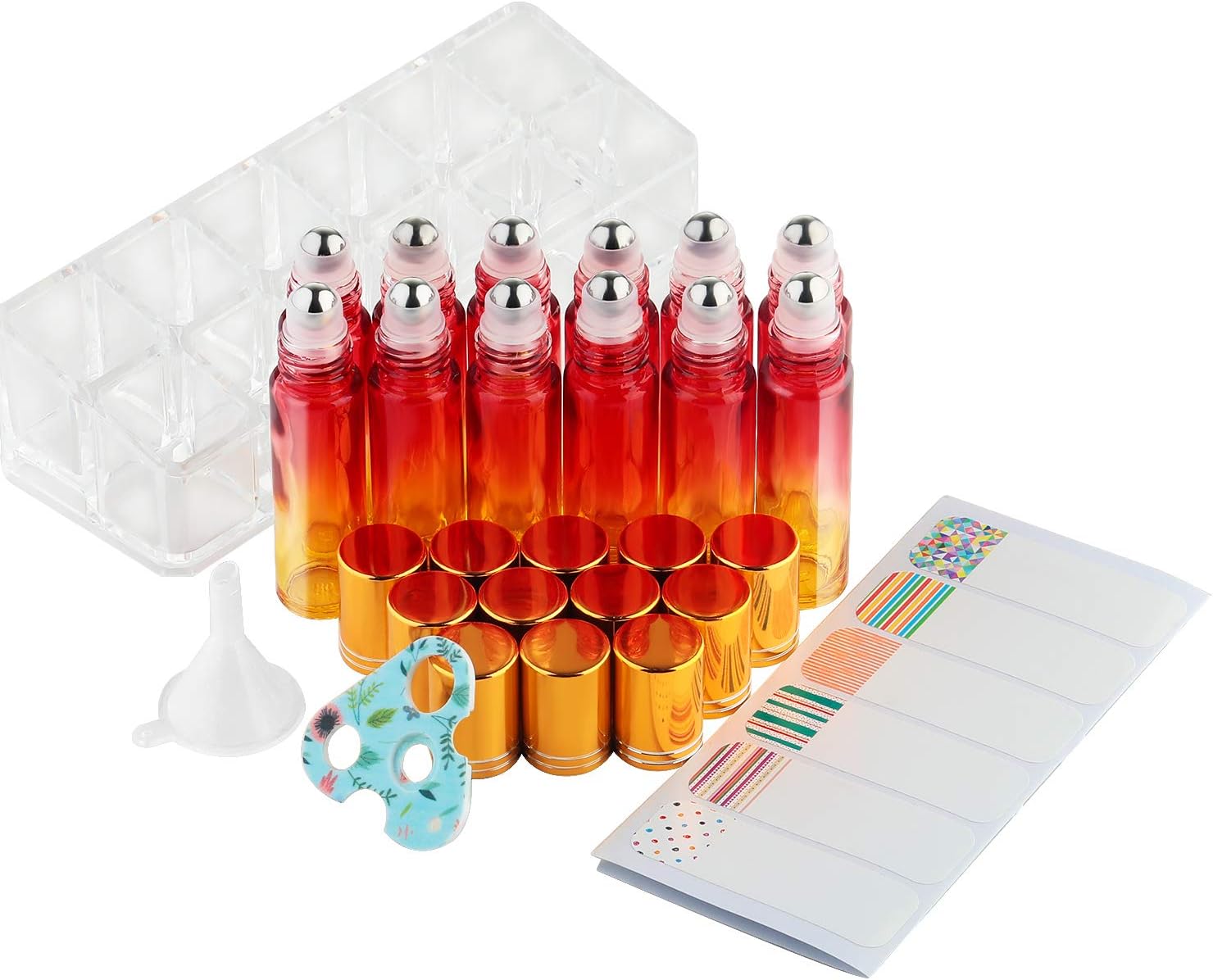 Essential Oil Roller Bottles - BEATTYCARE 12 Pack 10ml Glass Empty Roller Balls for Essential Oils, Stainless Steel Roller Balls, Including Clear Acrylic Makeup Organizer, 12 Labels, Opener, Funnel
