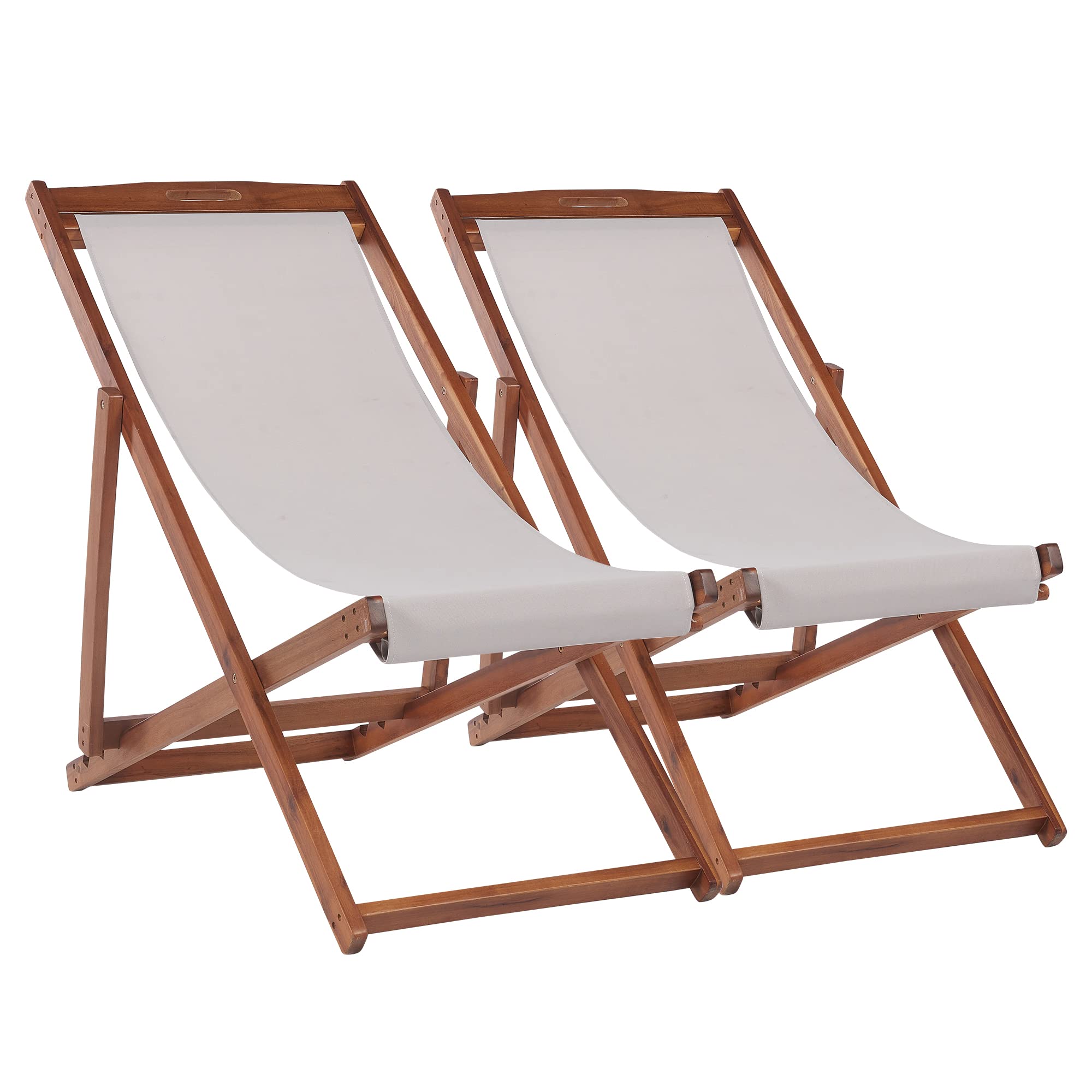 Photo 1 of  ** USED ** Outdoor Wooden Patio Lounge Chair 2 Set Beach Sling Chair Set Height Portable Reclining Beach Chair Solid Wood Frame with White Polyester Canvas 3 Level,Grey