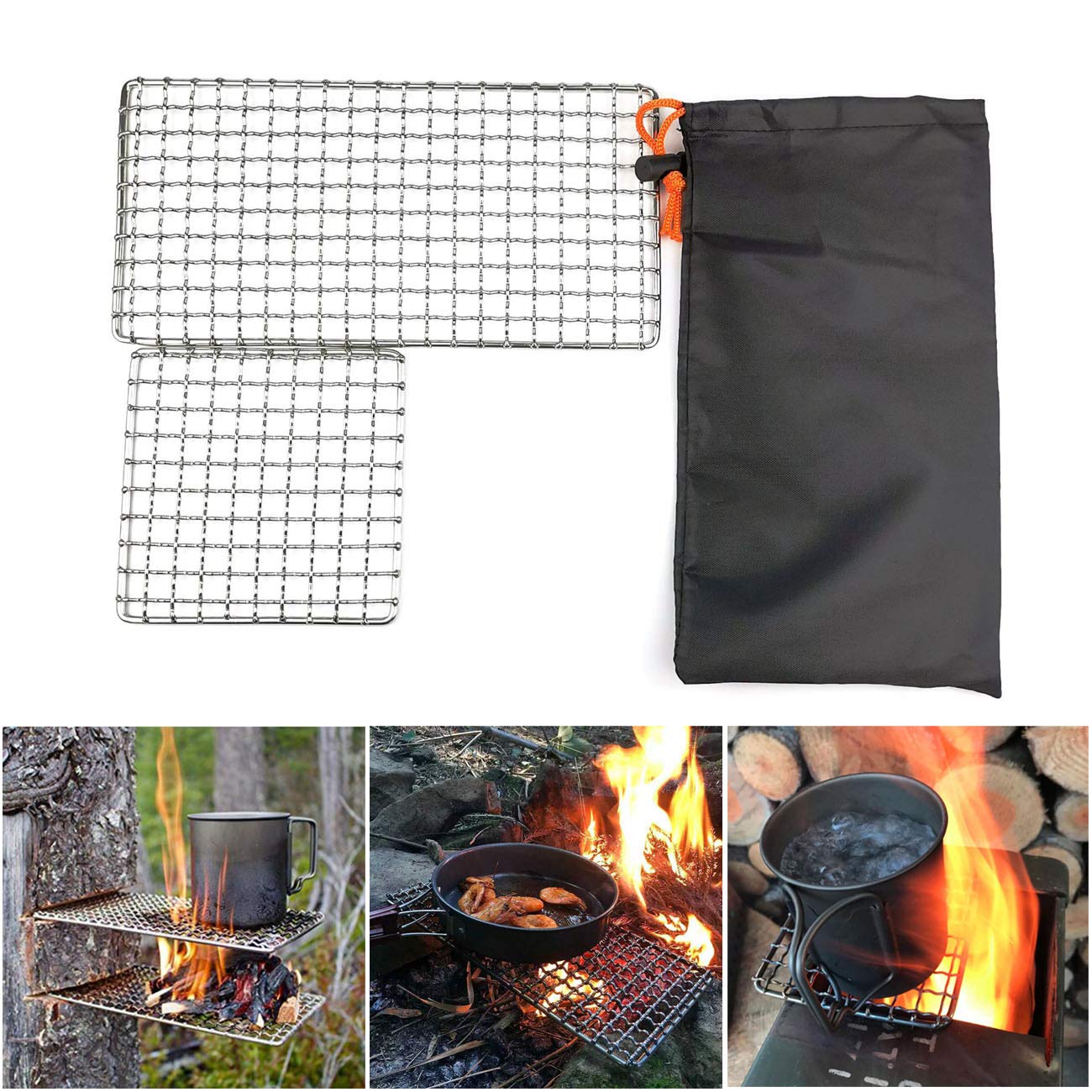 Rayeeley 2-Pack Stainless Steel Mesh CampingGrill Bushcraft Grills for Backpackers, High Strength Outdoor Cooking Gear