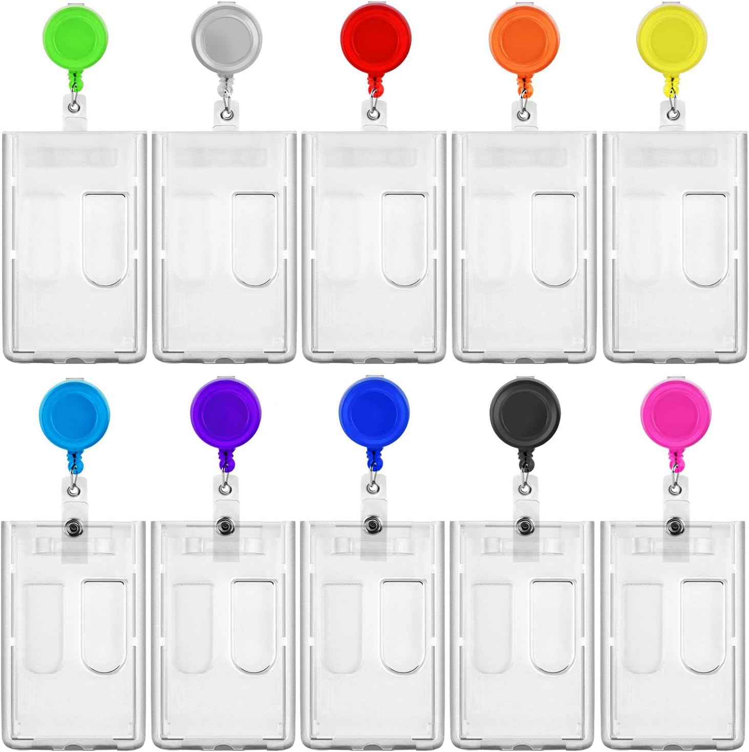 10 Pack Heavy Duty ID Badge Holder with 10 Pack Badge Holder Clip by Elimoons, Hard Plastic Clear Holder with Thumb Slots - Holds 2 Card : Office Products