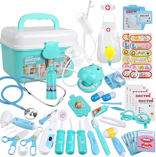 Anpro 46pcs Doctors Set For Kids Medical Toy With Real Stethoscope Doctor Suit Medicine Chest Doctor Roleplay Costume Dress Up Best Gift Blue Amazon Co Uk Toys Games