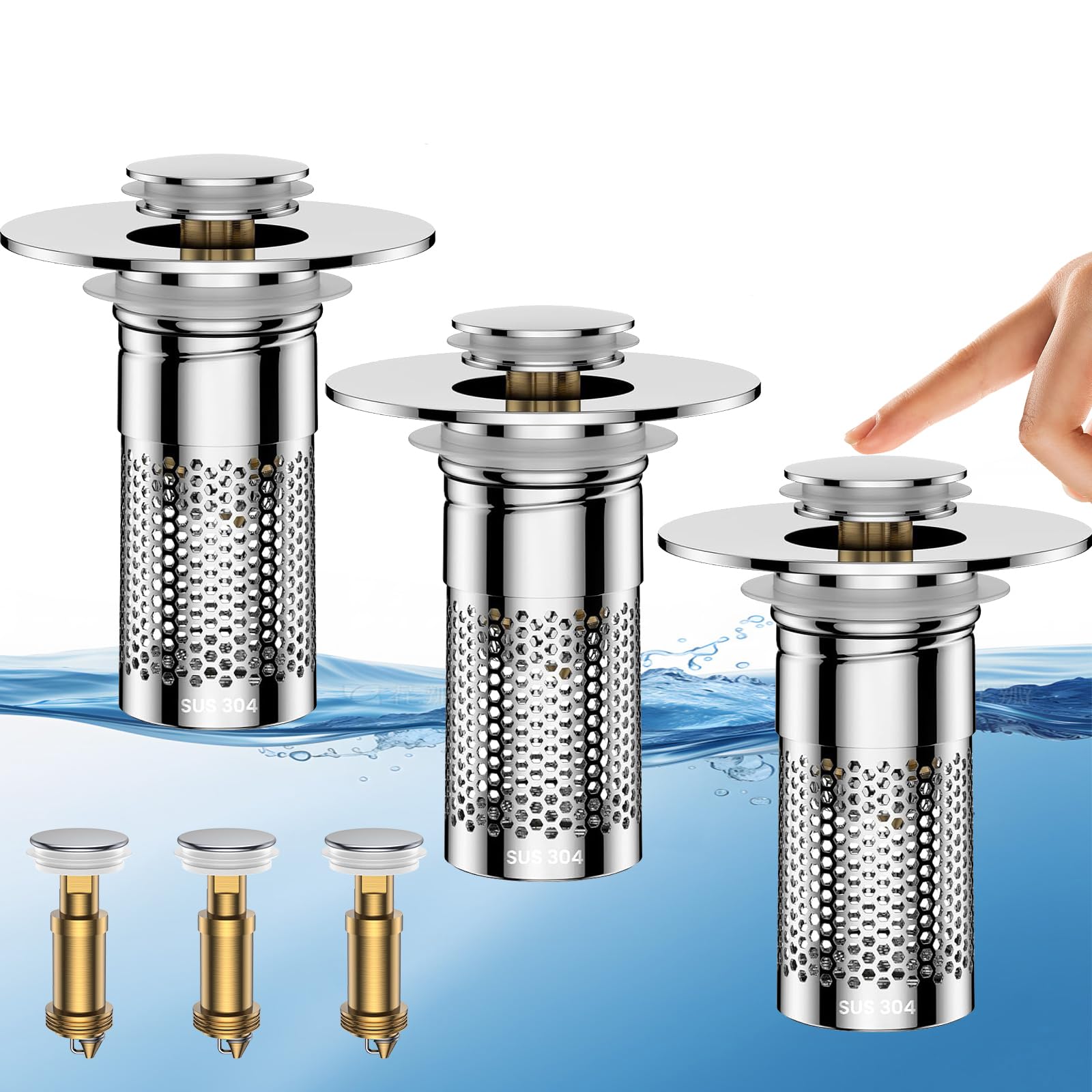 Photo 1 of ?Bathroom Sink Drain Strainer,Universal Pop-Up Sink Stopper Hair Catcher, Stainless Steel Anti-Clog Drain Filter Basket, Removable Sink Drain for Bathroom Sink Stopper Replacement (Silver-3pcs)
