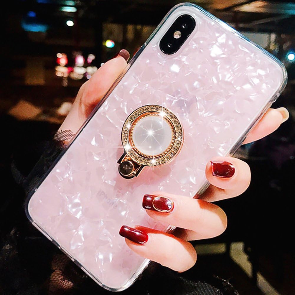 WATACHE iPhone Xs Case,iPhone X Case, Seashell Pattern Soft TPU Shock-Absorption Crystal Bumper Case with Glitter Diamond 360 Degree Rotation Ring Grip Holder Kickstand for Apple iPhone X/10 (Pink)