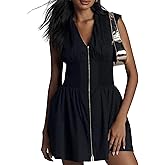 Meyhad Women’s V Neck Summer Dress Cap Sleeve Zipper Mini Dress Smocked Slit Dress with Pockets