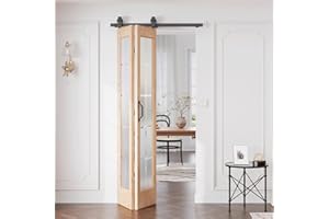 CEAKIAN Preassembled Bifold Barn Door 36 x 84 in (Double 18x84in) with Bi-fold Door Hardware Kit, Frosted Glass Cross Transparent, Pre-Drilled Holes, French Glass Doors, Wood Slat, Fit 36in Opening