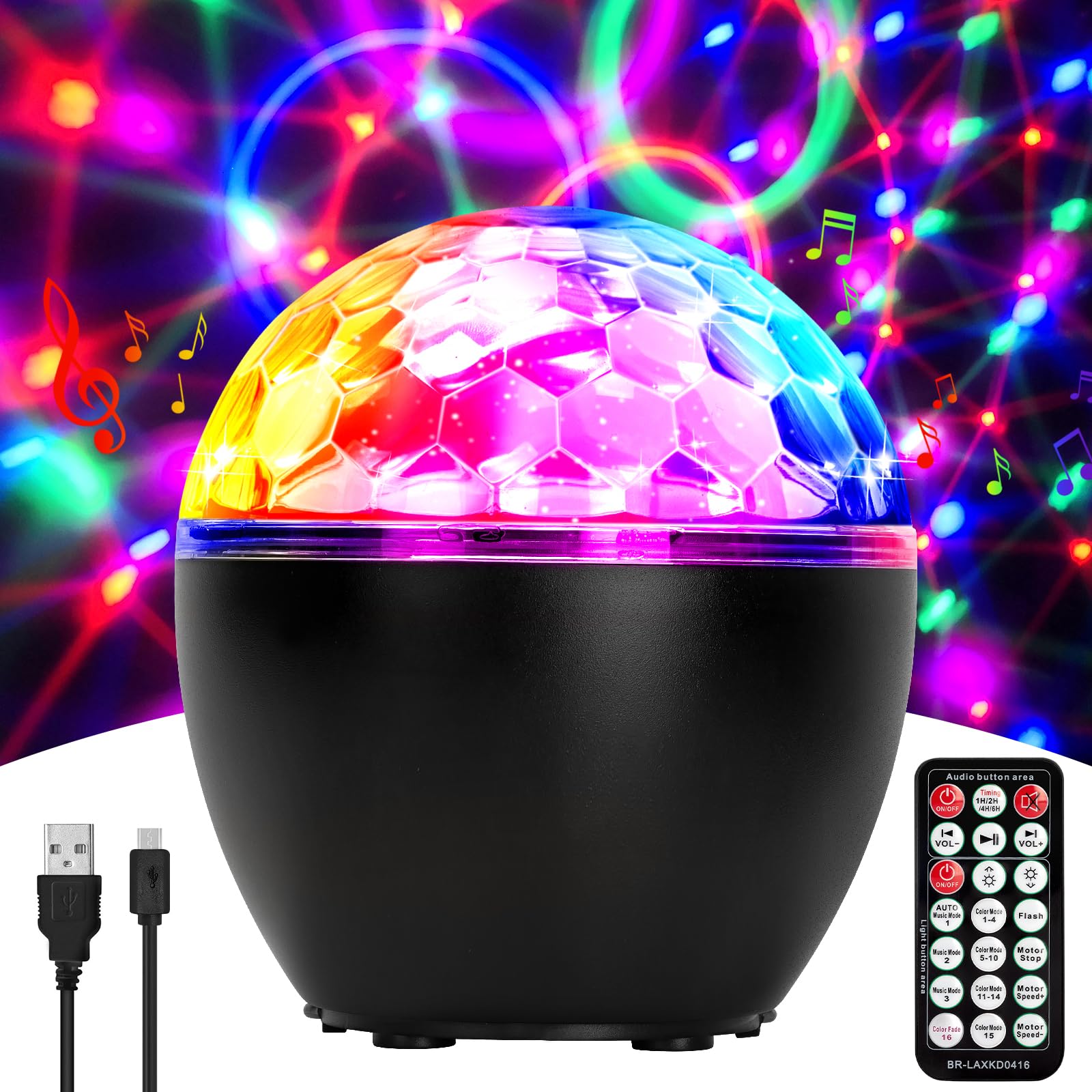 Disco Ball Lights 16 Colour 3 Music Modes,360° Sound Activated LED Party Lights with Remote Control & Timer, Strobe Light for Kids Birthday Home Party Stage Christmas [Energy Class A+]