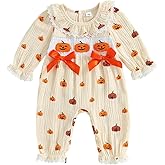 Newborn Baby Girl Halloween Outfit Doll Collar Pumpkin Jumpsuit Romper Ruffle Sleeve Bodysuit Long Overalls with Bow