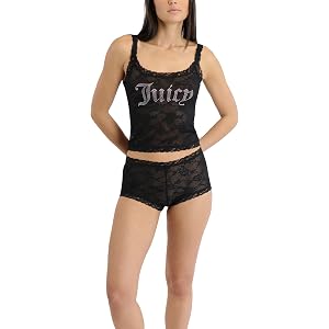 Juicy Couture Women's 2 Piece Lace Cami & Short Set, Sexy Sheer Lingerie Set with Rhinestones