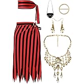 Fourluoo 5 Pcs Pirate Costume Accessories Set Women Pirate Skirt Head Scarf Hat Eye Patch Skull Jewelry for Cosplay Outfit