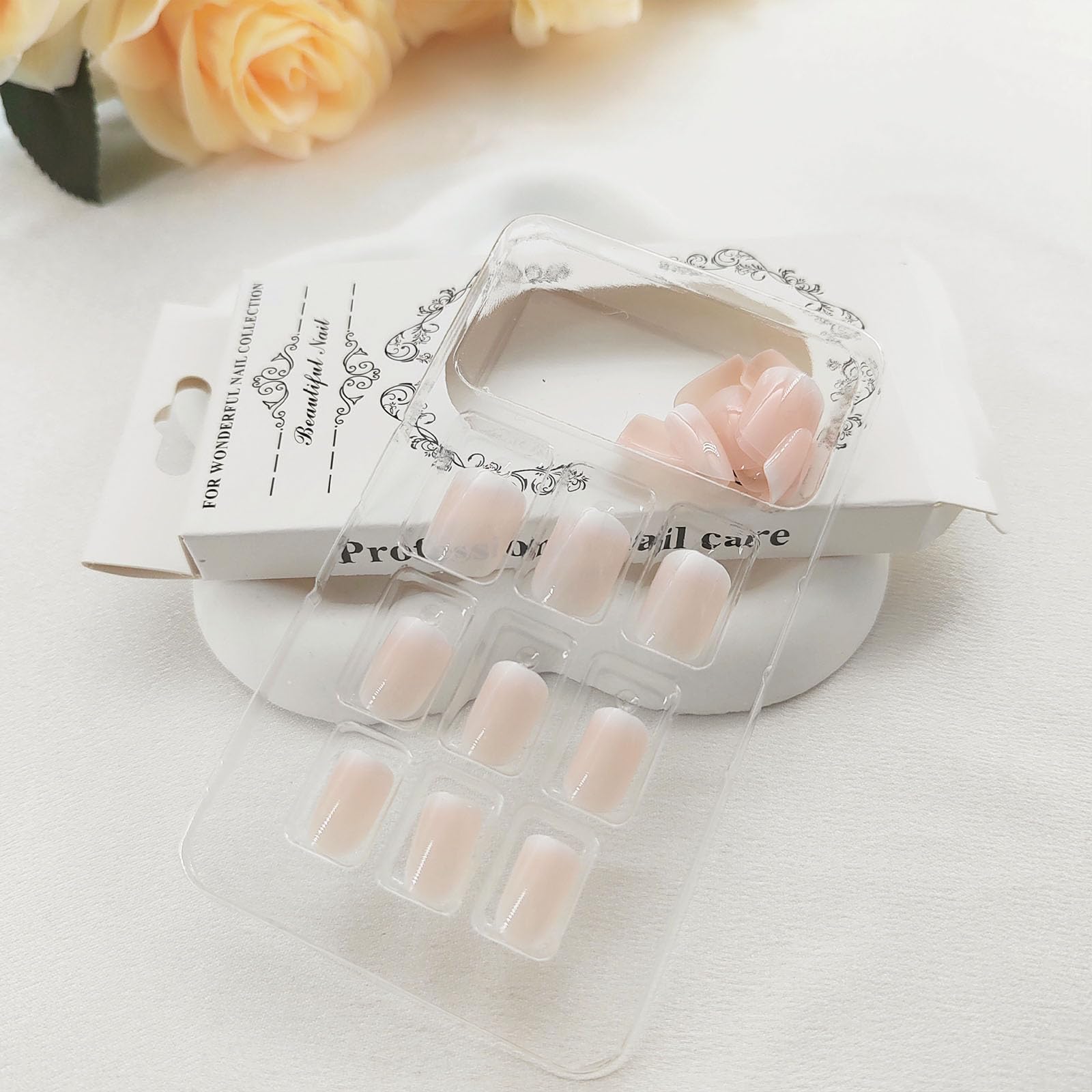 Extra Short Press on Nails Square Nude Ombre Fake Nails Press ons White Glue Stick on Nails with Designs Full Cover Acrylic Glossy Artificial Cute False Nail for Women Girls 24 Pcs - Image 2