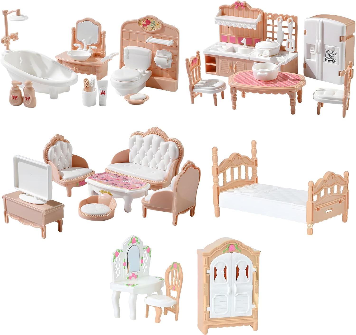 32 Pcs Doll House Furniture Set, Miniature 1:12 Scale Mini Dolls House Furniture with Kitchen, Dining Room, Living Room, Bedroom, Bathroom for Playhouse
