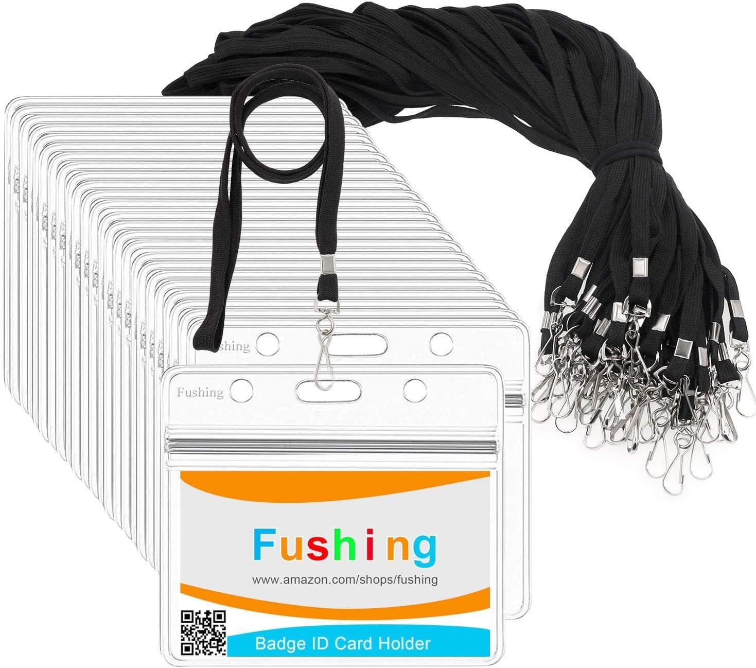 Fushing Clear Plastic Horizontal Name Tags Badge ID Card Holders and Flat Neck Lanyards with Swivel Hook (50)