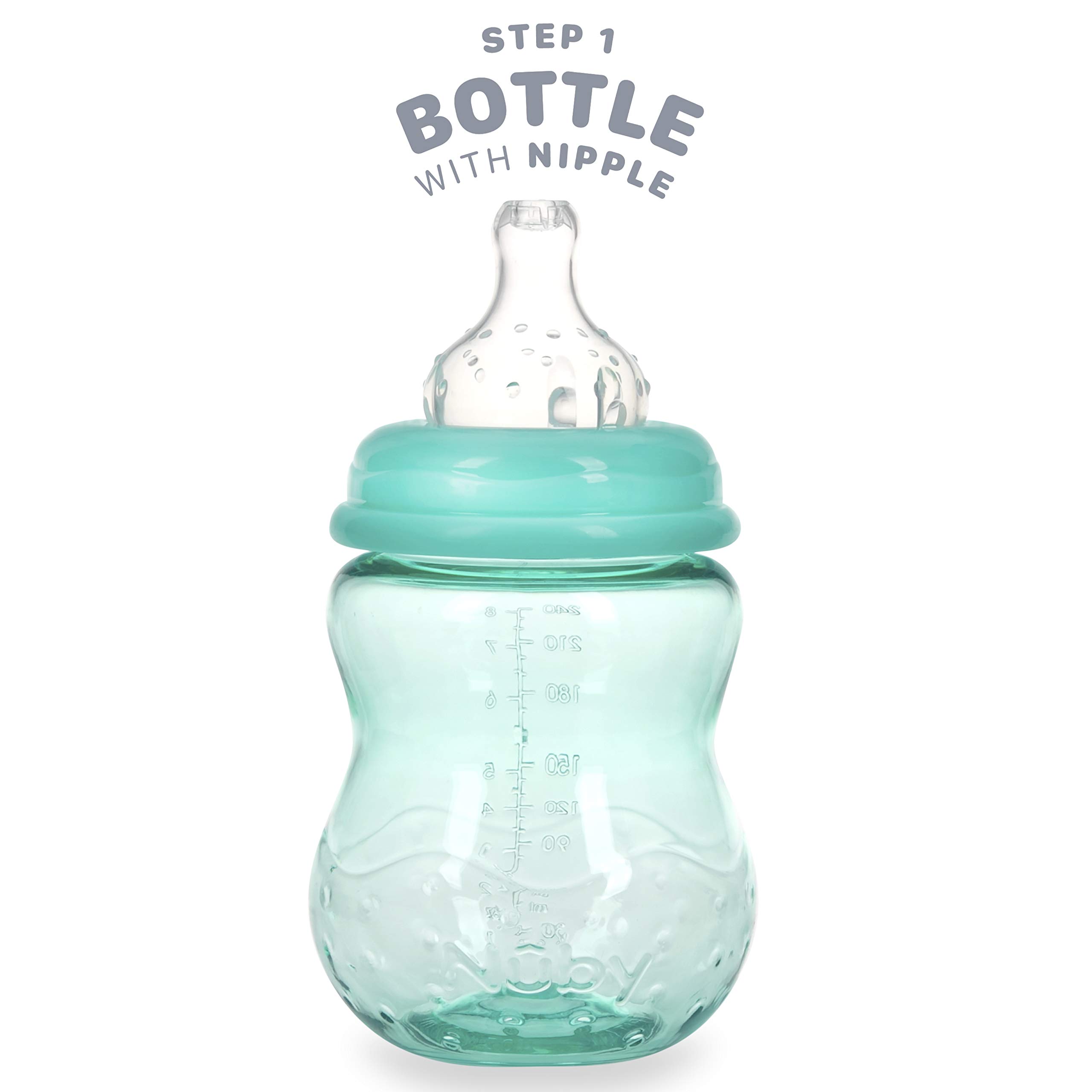 Nuby 3 in 1 Baby Bottle to Training Sippy Cup - 8 Oz Toddler Cups Spill Proof with Soft Spout, Nipple & Removable Grip Handles - Dishwasher Safe (Teal)