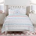 Cozy Line Home Fashions 100% Cotton Chic Ruffle Light Lavender Orchid Blue Flower Print Stripe Bedding Quilt Set, Reversible Coverlet, Bedspread (Chic Ruffle, Queen + Décor Pillows)