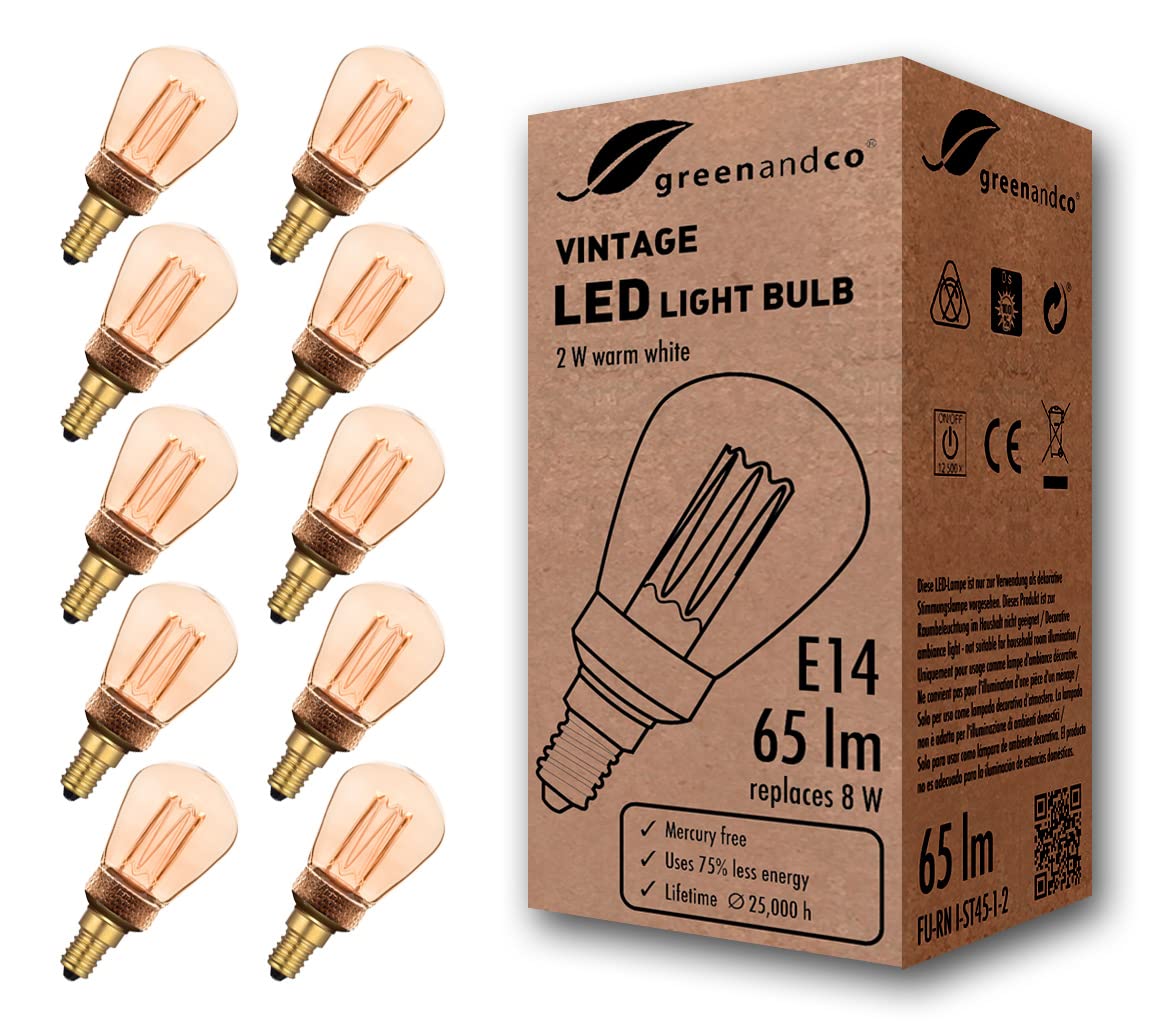 greenandco 10x Decorative LED Vintage Light Bulb | E14 ST45 | Amber | 2W 65lm | 1800K Extra Warm White | 320° | 230V | Flicker Free | Not Dimmable — image 1