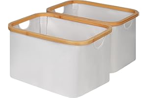 iEGrow 2-Pack Storage Baskets,Collapsible Storage Bins with Bamboo Handles, Rectangle Closet Storage for Organizing Toys, Books, Shelves, Closet,Light Grey