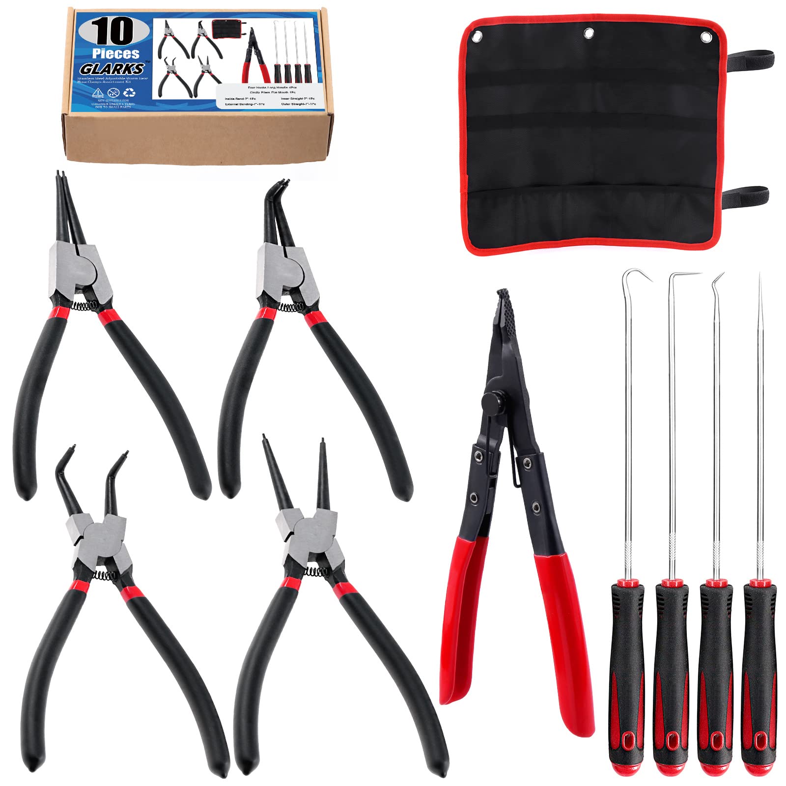 Glarks 10Pcs Snap Ring Pliers Set including 4Pcs 7 Inch Internal/External Circlip Pliers Snap Ring Pliers with 4Pcs Hooks and Pick Set and 9 Inch Lock Ring Horseshoe Washer Pliers with 1Pc Storage Bag