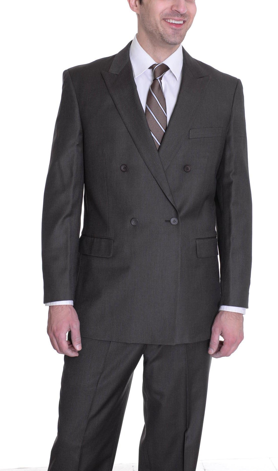 Effetti Classic Fit Brown Pinstriped Wool Blend Double Breasted Suit