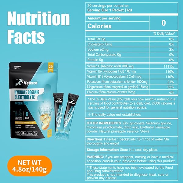 VETERCO HYDRATION ELECTROLYTE POWDER, ELECTROLYTE DRINK, HYDRATION SUPPLEMENT DRINK MIX, HYDRATION PACKETS WITH VITAMIN & MINERAL, KETO FRIENDLY, VEGAN, NON-GMO, NO SUGAR, PINEAPPLE FLAVOR (20 STICKS)