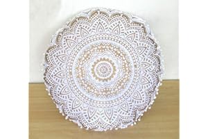 CRAFT KALA 32 Inch Meditation Floor Pillow Cover Round Pillow Seating Hippie Decorative Adults Bohemian Mandala Cushion Cover Outdoor Living Room Throw Ottoman Poufs Cover (White Gold Ombre)