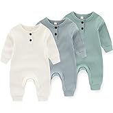 IADOER Newborn Baby Boys Girls One Piece Romper With Mitten Cuffs 3 Pack Long Sleeve Ribbed Button Jumpsuit Outfit Clothes