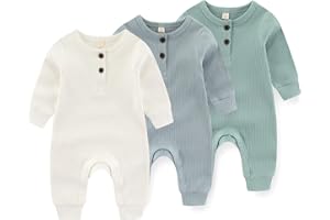 Newborn Baby Boys Girls One Piece Romper with Mitten Cuffs Solid Long Sleeve Ribbed Button Jumpsuit Outfit Clothes