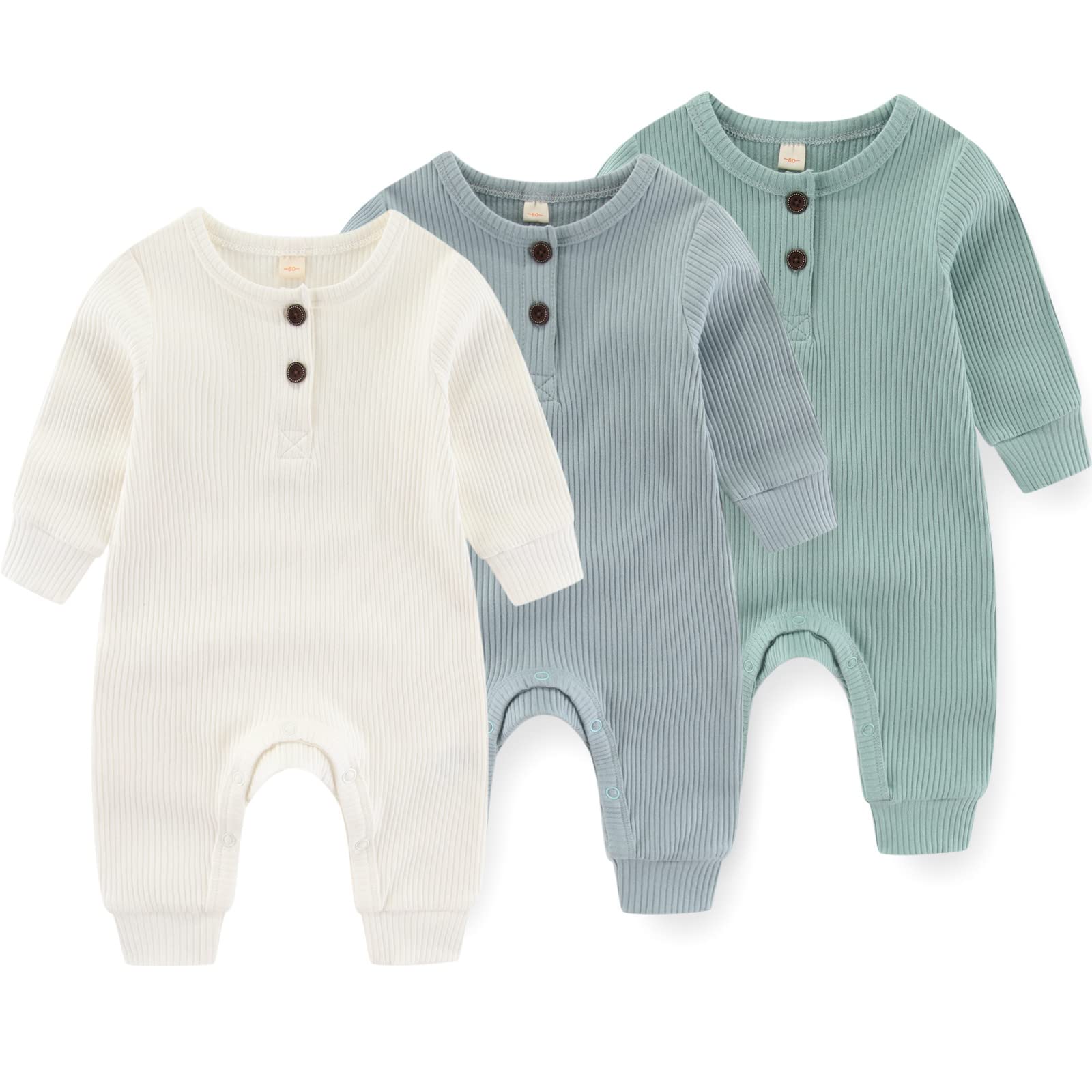 Photo 1 of ***STOCK IMAGE FOR REFERENCE***
** comes with a blue one and a brown one*
IADOER Newborn Baby Boys Girls One Piece Romper With Mitten Cuffs 3 Pack Long Sleeve Ribbed Button Jumpsuit Outfit Clothes white+blue+green 18 months