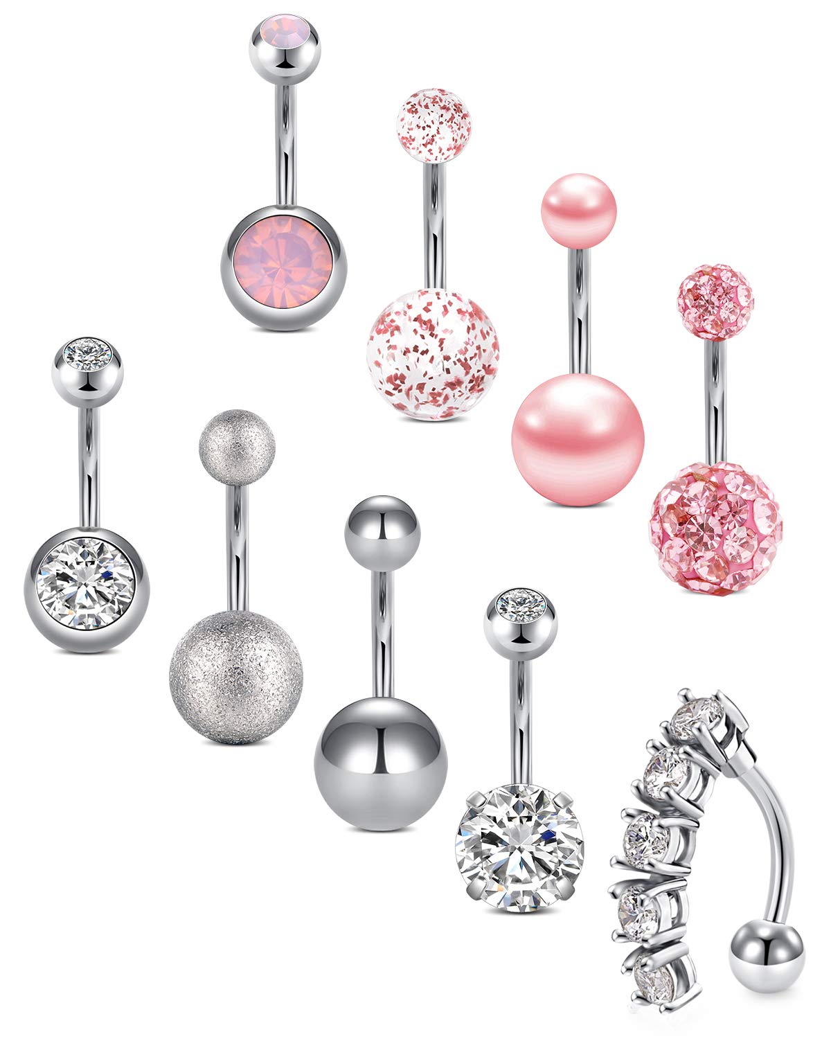 Crdifu 6-9pcs Belly Button Rings Set Pack 10mm Stainless Steel Belly Navel Bars Piercing Jewellery