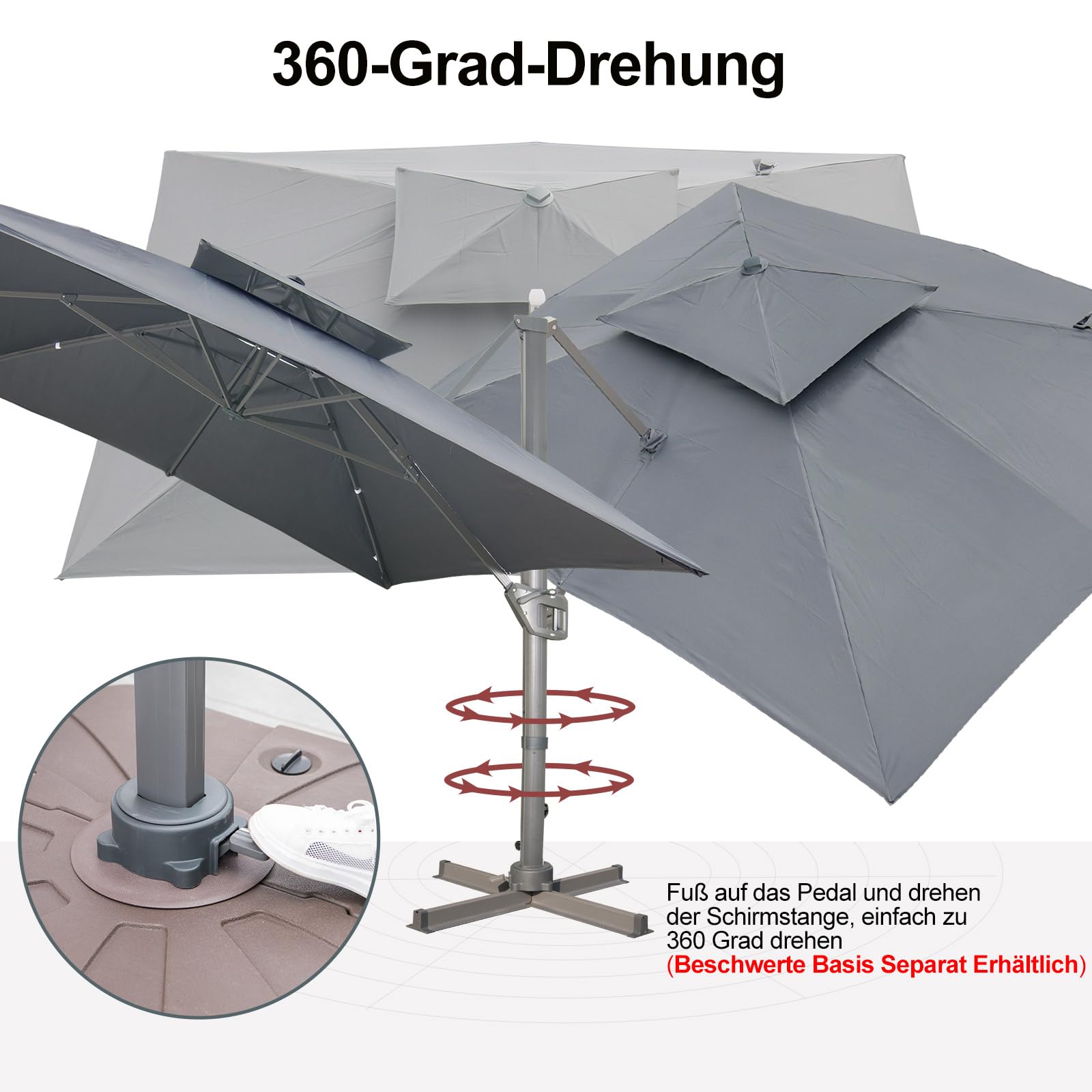 LKINBO Sonnenschirm 300 x 400 cm Rechteckig mit Ständer und Kurbel, Groß Ampelschirm Terrassenschirm 360°Drehbar Parasol Windfest Gartenschirm Wasserdicht Marktschirm für Garten Deck Outdoor, Grau 3