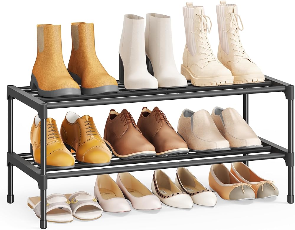 SONGMICS 2-Tier Shoe Rack for Closet, Compact Metal Shoe Organizer Shelf for Entryway, Bedroom, Small Spaces, Stackable, 30 x