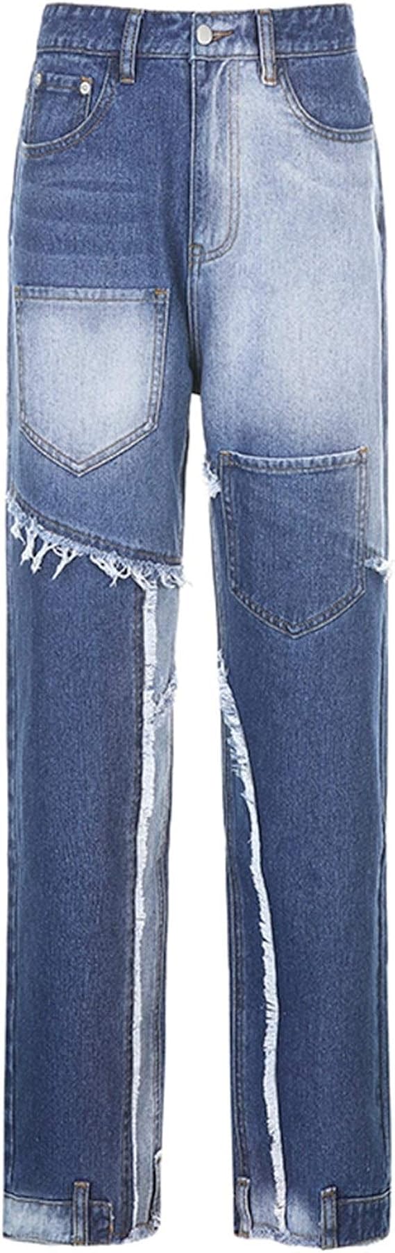 Amazon 緩い パッチワークストリートデニムパンツの女性のハイウエストのジーンズのボタンをポケットストレートパンツファッションレディース秋 快適 ジーンズ 通販