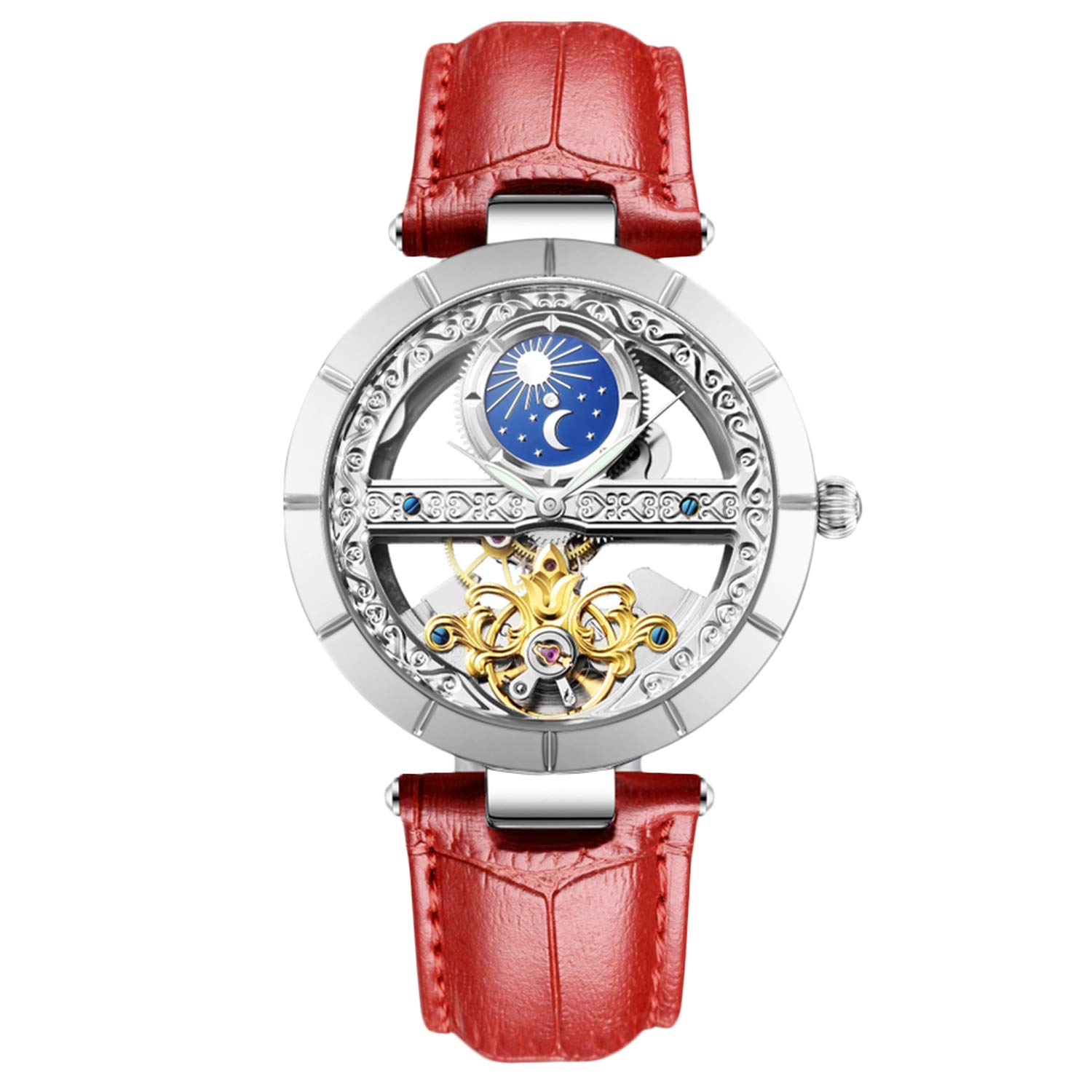 RORIOS Women's Automatic Mechanical Analogue Watch with Leather Strap for Women Mechanical Watches, Red B, Strap