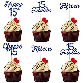 24Pcs 15th Birthday Cupcake Toppers - Blue Glitter Sweet 15 Cheers to 15 Years Old Cupcake Picks 15 Fabulous for 15th Birthday Anniversary Party Decorations Supplies