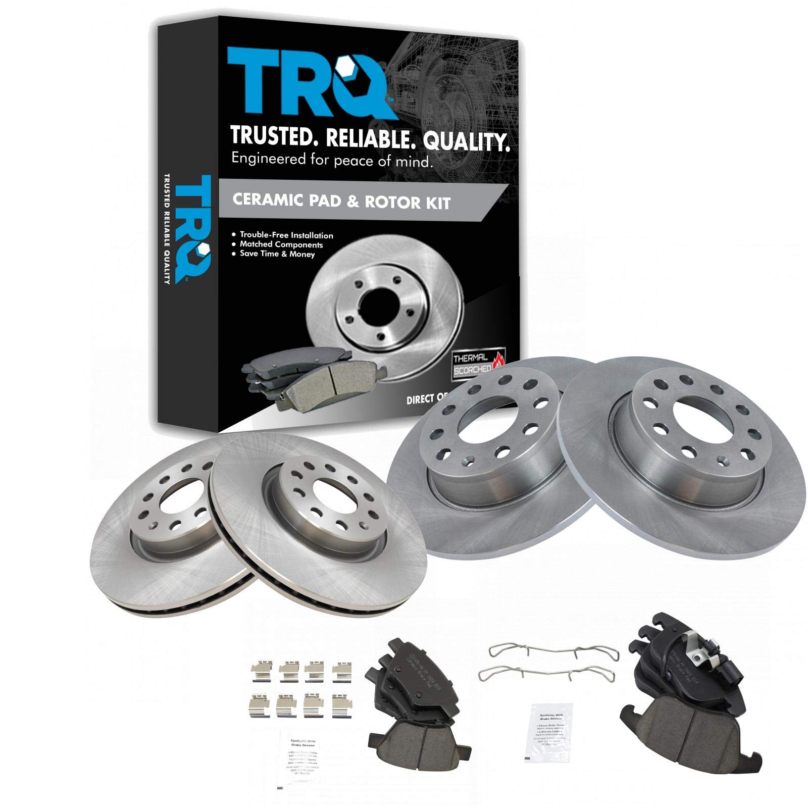 Photo 1 of TRQ Front and Rear Brake Pad & Rotor Kit Brake Pads Brake Rotor Ceramic Compatible with 2012-2015 Volkswagen Passat. this item is missing one rear and one front pad