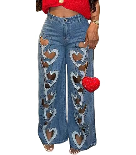 PLIUHHMEI Women's Love Heart Hollow Jeans Y2k High Waist