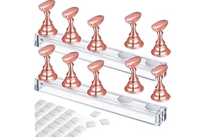 Blulu 2 Set Nail Stand for Painting Press Nail Holder Acrylic Magnetic Tips Training Fingernail Display Stands DIY Crystal Holders and 96 Pieces White Reusable Adhesive Putty(Metal Rose Gold)