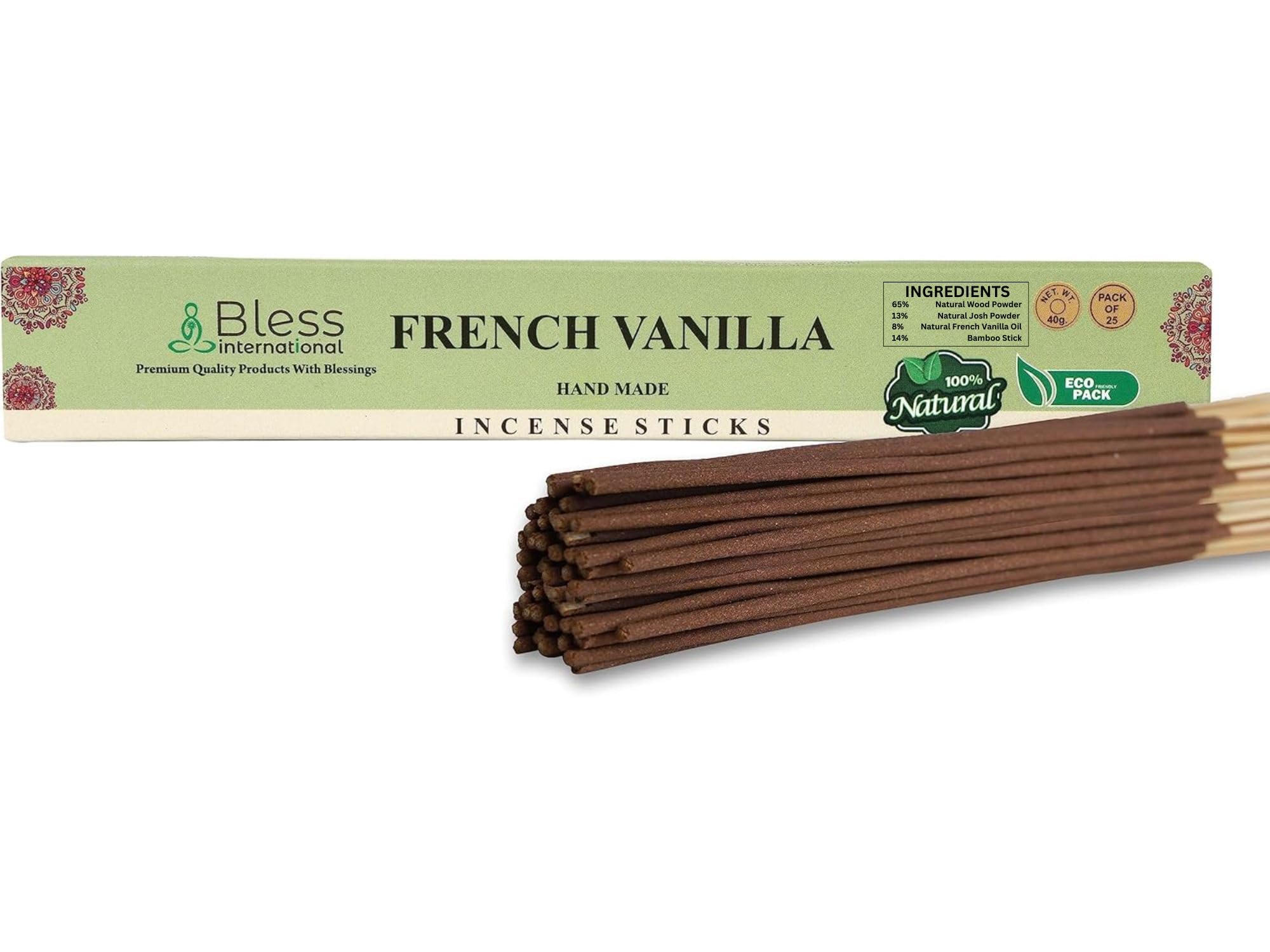 Bless-FRENCH-VANILLA-Incense-Sticks 100%-Natural-Handmade-Hand-Dipped-Incense-Sticks Organic-Chemicals-Free For-Purification-Relaxation-Positivity-Yoga-Meditation Best-Woods-Scent (25 Sticks (40GM))