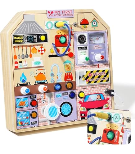 JAUNTY Wooden Kitchen Busy Board - Montessori Sensory Toy For Toddlers 3-5 Years Old