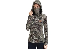 BASSDASH Women's UPF 50+ Camo Hunting Hoodie with Neck Gaiter Breathable Performance Long Sleeve Fishing Hooded Tee FS03W