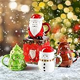 Baderke 4 Set Santa Mug Bulk with Lid 14 oz Christmas Ceramic Coffee Mug Santa Snowman Reindeer Xmas Tree Porcelain Latte Tea Cup for Holiday Christmas Birthday Men Women Gifts