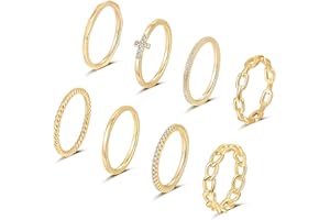 TOBENY 8PCS 14K Gold Plated Stacking Rings for Women Gold Silver Knuckle Stackable Rings Size 4 to Size 11 1.5mm/2mm/3.8mm Eternity Wedding Band Rings