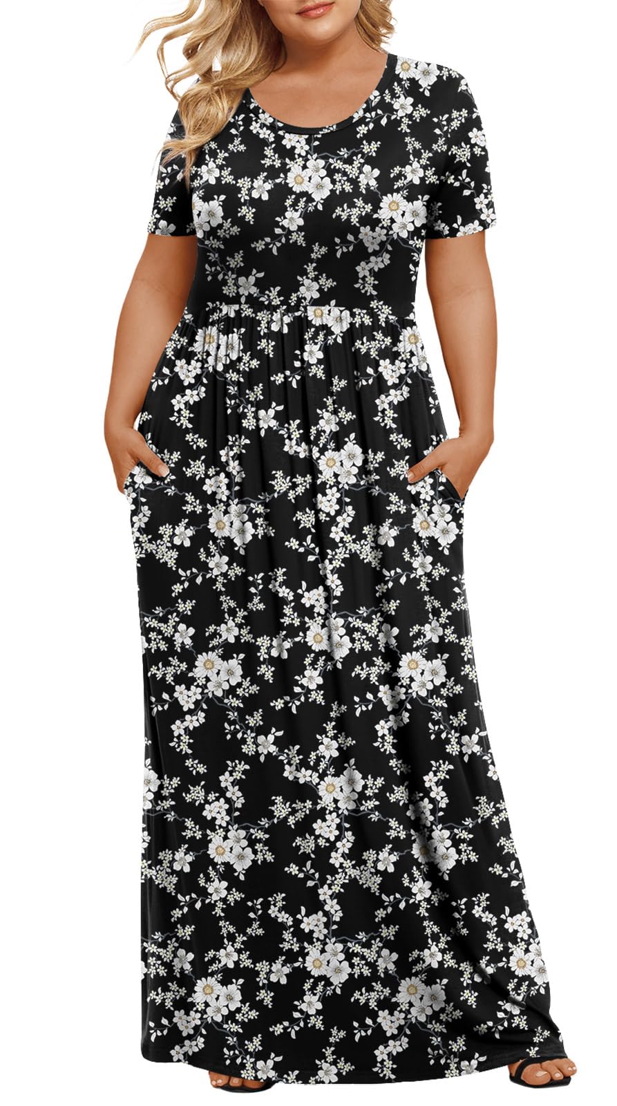 LONGYUAN Women's Plus Size Maxi Dresses for Curvy Women Summer Short Sleeve Casual 2026 Long Dress Black Flower 6XL Image