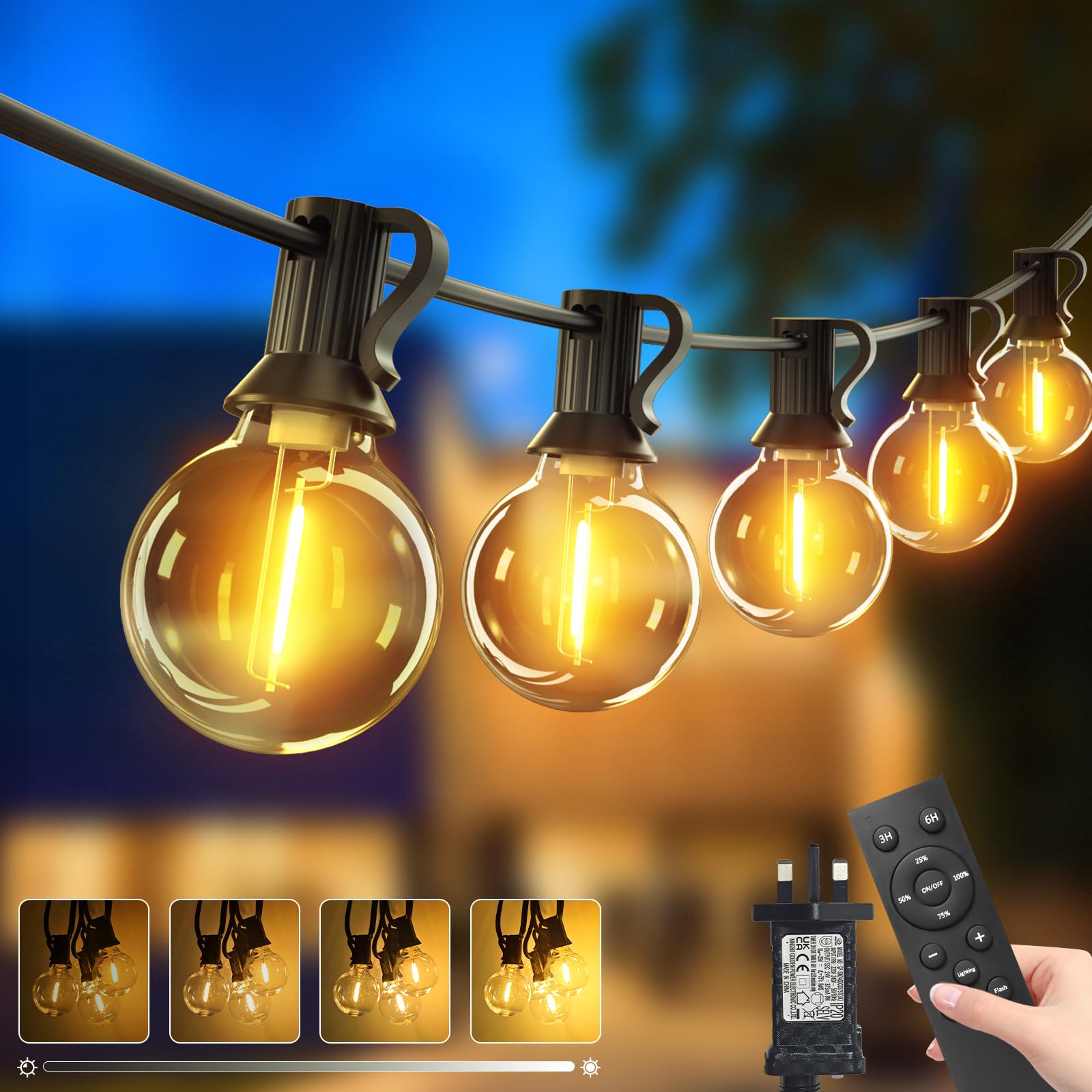btfarm 30M/100FT Outdoor Festoon Lights Mains Powered with Remote, 40+2 LED Garden String Light Timer Dimmable with Shatterproof G40 Bulbs, Waterproof Outside Lighting for Gazebo Pergola Patio Wedding